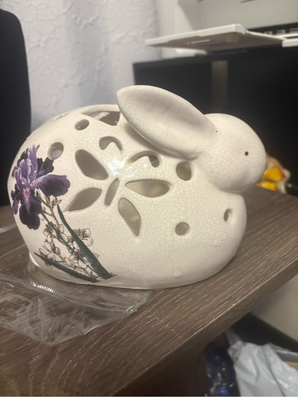 Ceramic White Bunny tealight candle holder with Purple Floral Accent